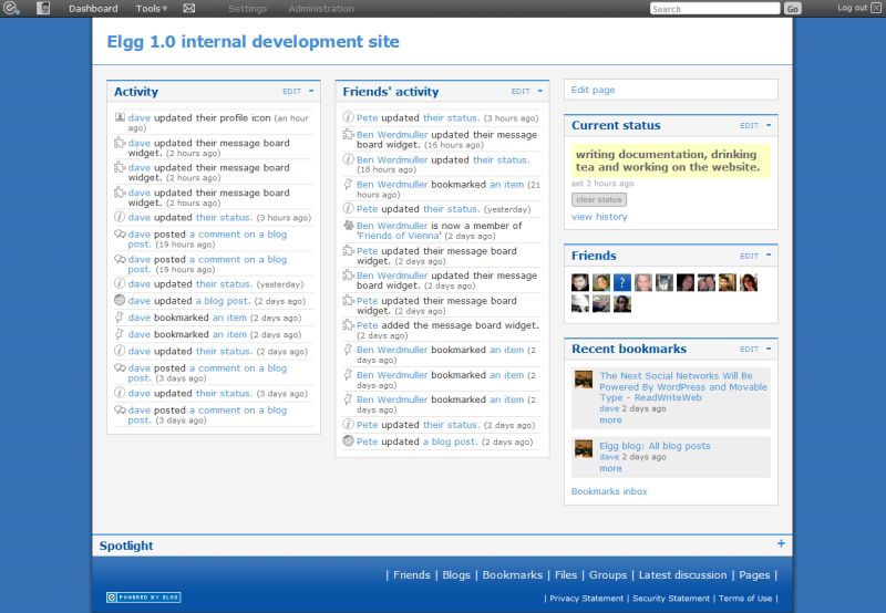 An typical Elgg dashboard